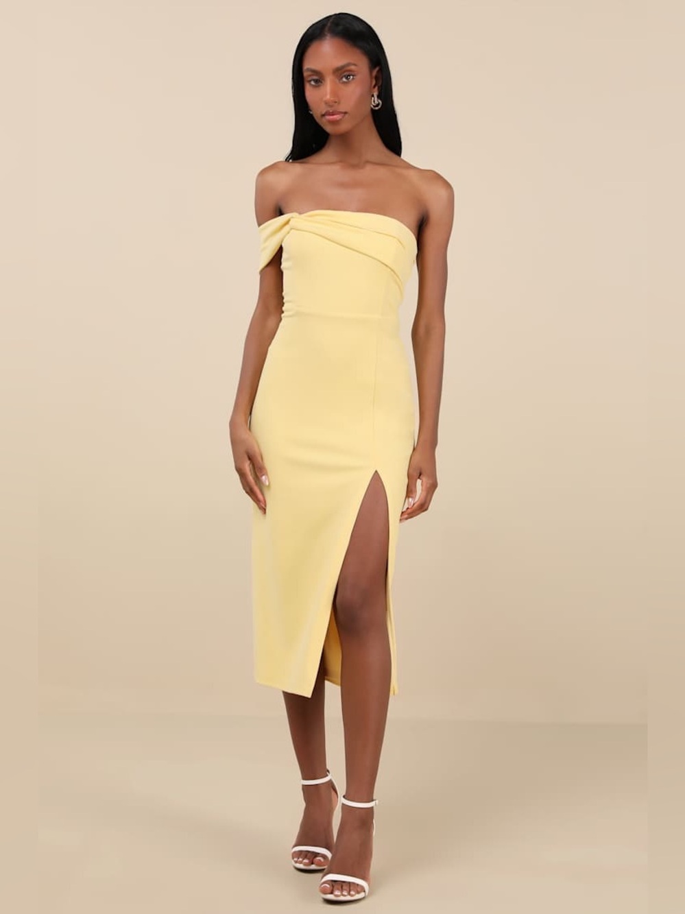 Lulu’s NEW Twist and Make Up Light Yellow One-Shoulder Bodycon Midi Dress M